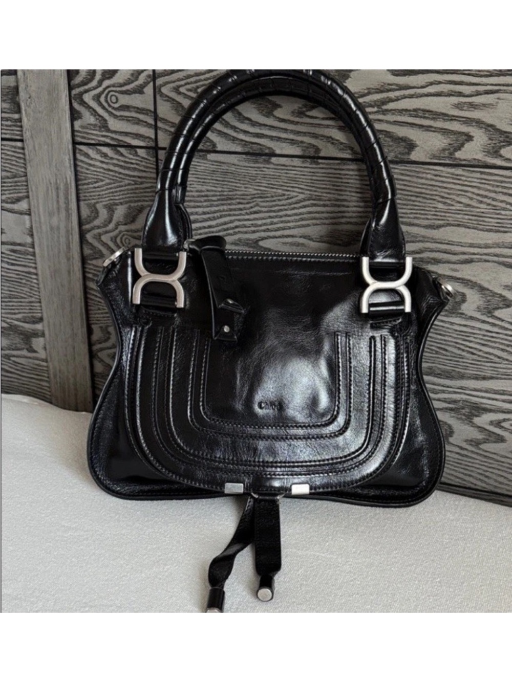 Chloe Marcie Black Leather Bag Silver hardware double handle, shoulder strap